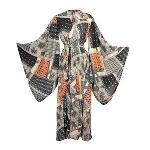 Jennafer Grace Handmade Belted Kimono Duster In Earl Grey Scarf Patchwork Boho L